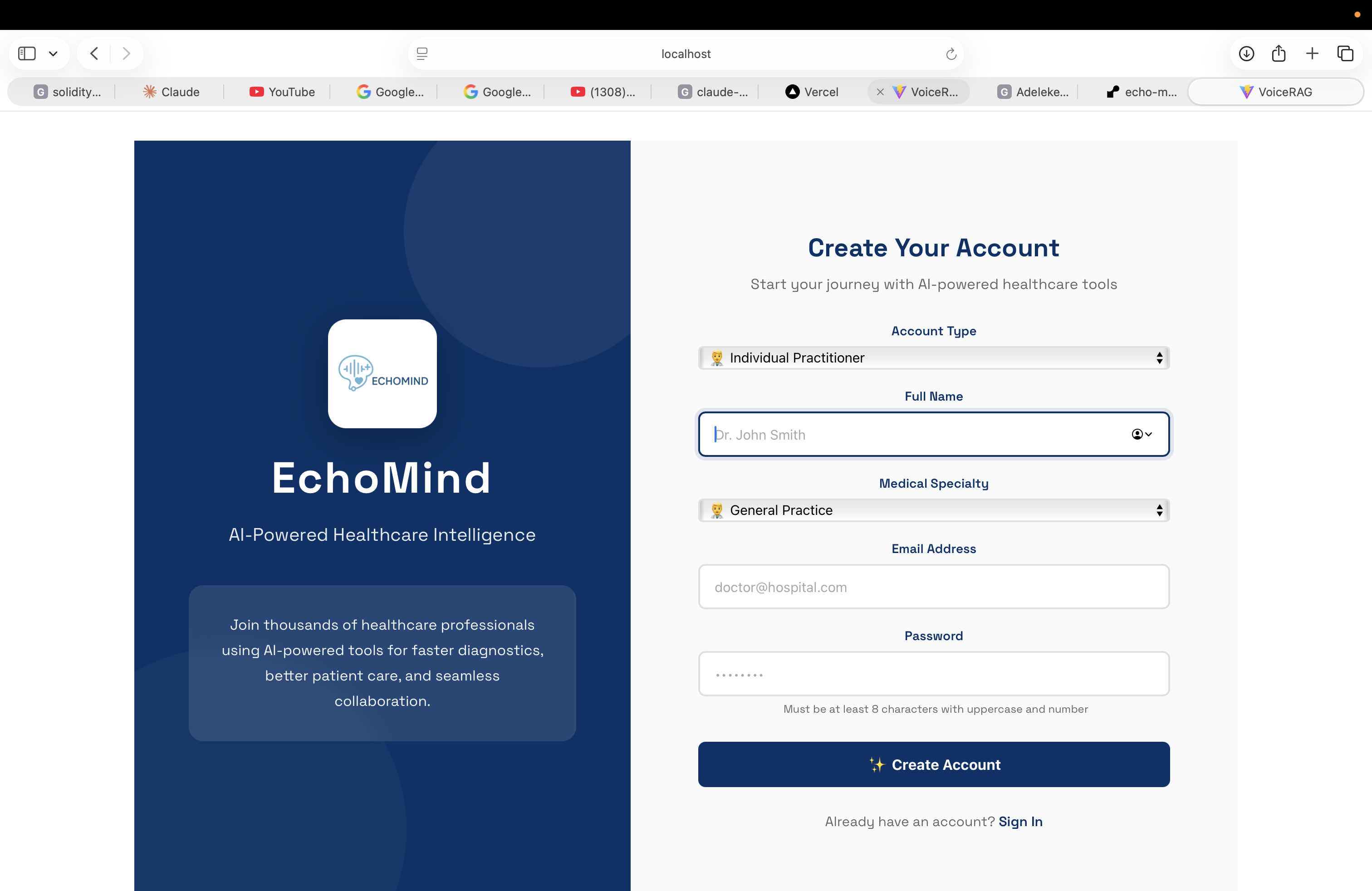 EchoMind registration and onboarding screen